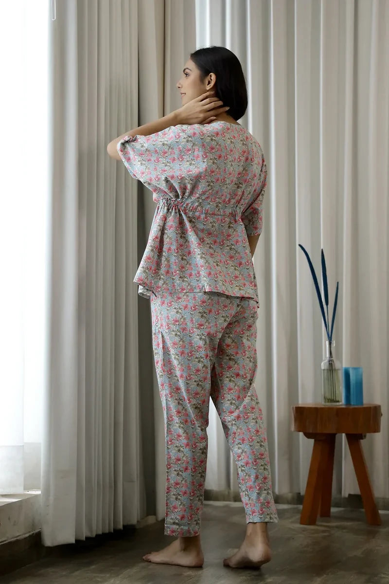 Women Floral Printed Cotton Kaftan With Pyjama