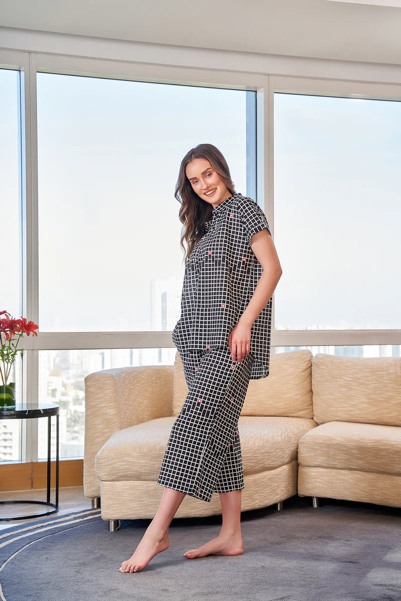 Black Check Loose Top Printed Lounge Set
