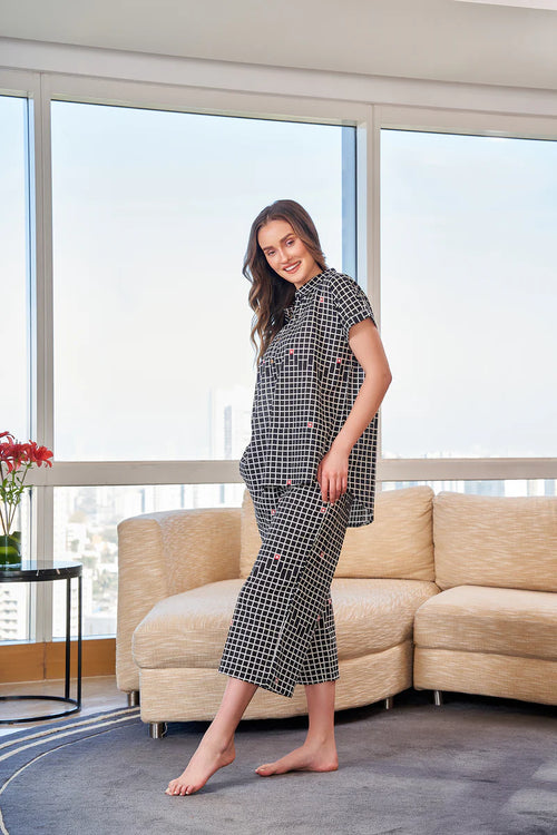 Black Check Loose Top Printed Lounge Set