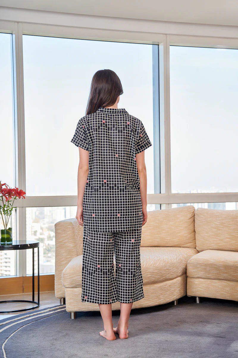 Black Check Loose Top Printed Lounge Set