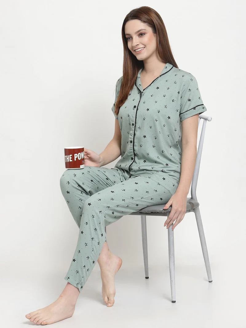 Women's Cotton Regular Fit Printed Night Suit Set of Shirt & Pyjama