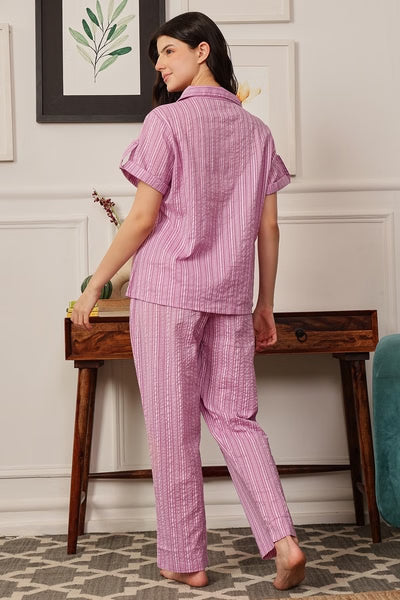 Sassy Stripes Button Down Night Suit in Lilac - Cotton