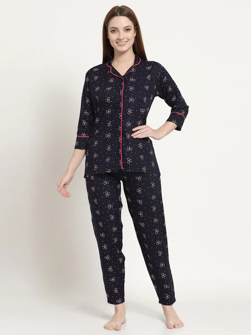 Women's Cotton Printed Night Suit Set of Shirt & Pyjama