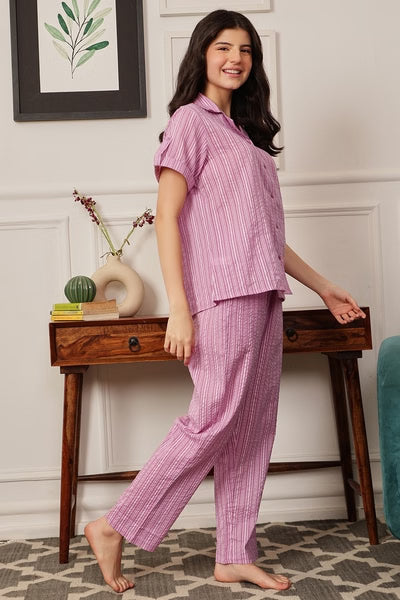 Sassy Stripes Button Down Night Suit in Lilac - Cotton