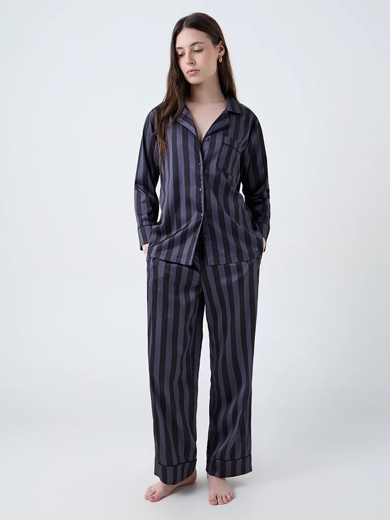 Striped Satin Shirt and Pyjamas Set