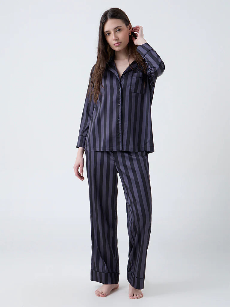 Striped Satin Shirt and Pyjamas Set