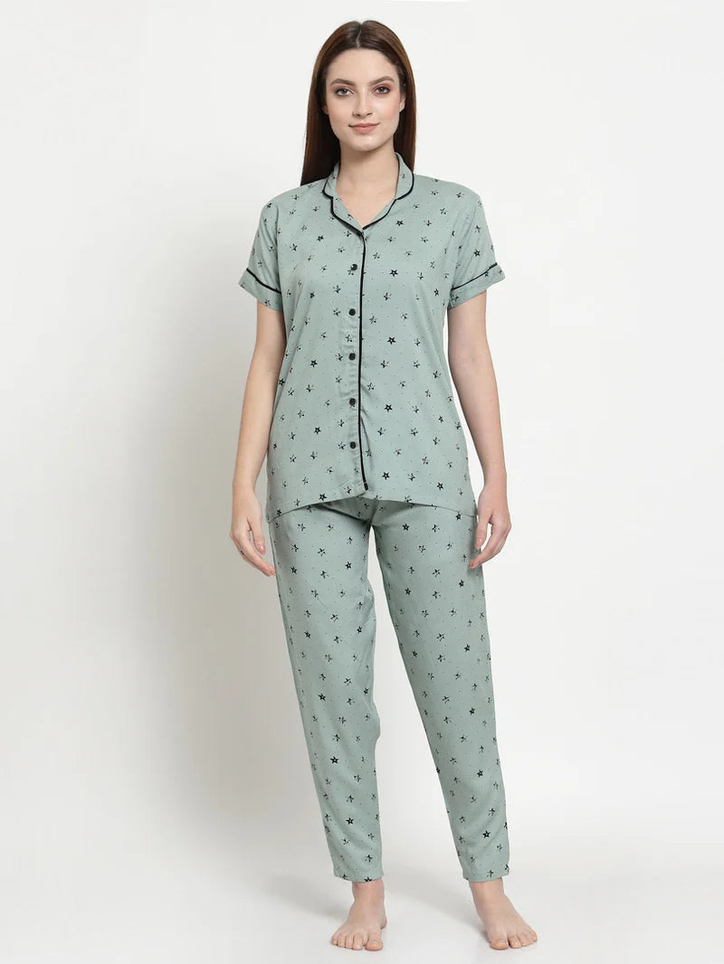 Women's Cotton Regular Fit Printed Night Suit Set of Shirt & Pyjama