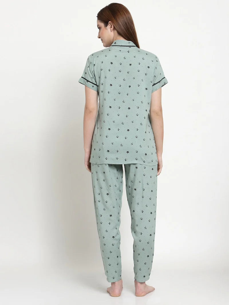 Women's Cotton Regular Fit Printed Night Suit Set of Shirt & Pyjama