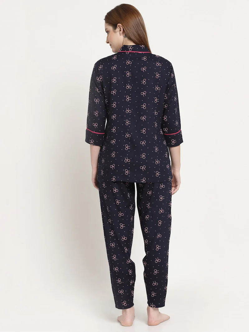 Women's Cotton Printed Night Suit Set of Shirt & Pyjama