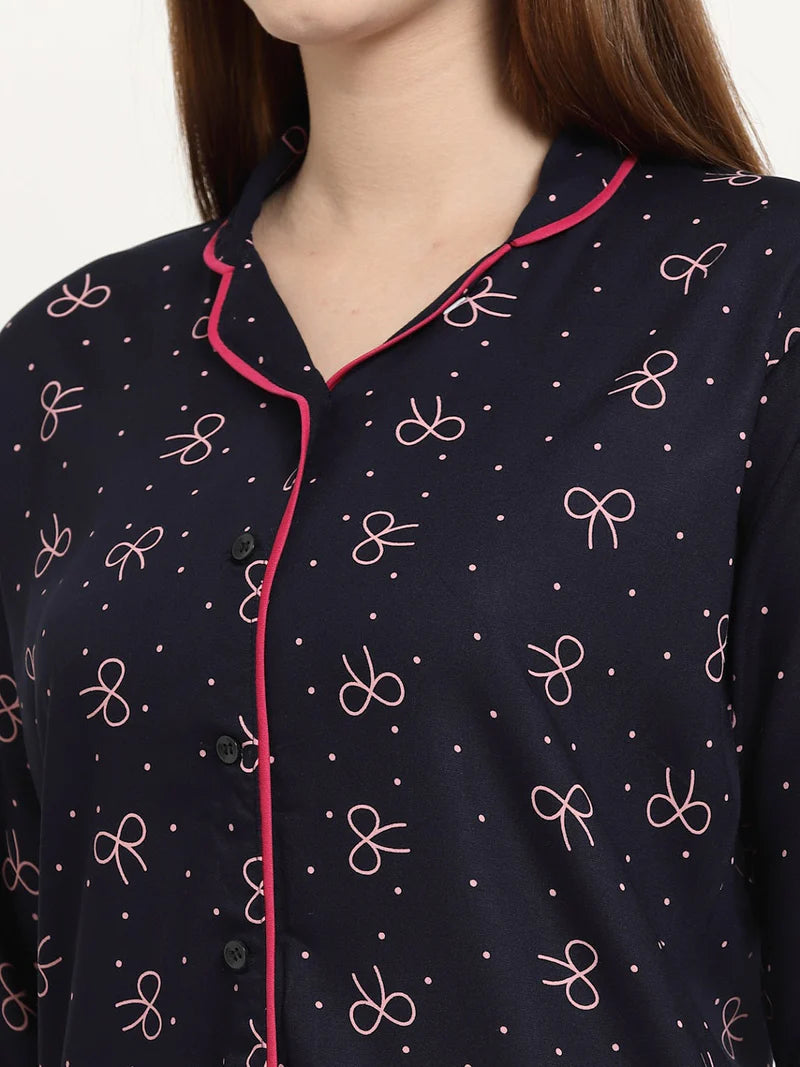 Women's Cotton Printed Night Suit Set of Shirt & Pyjama