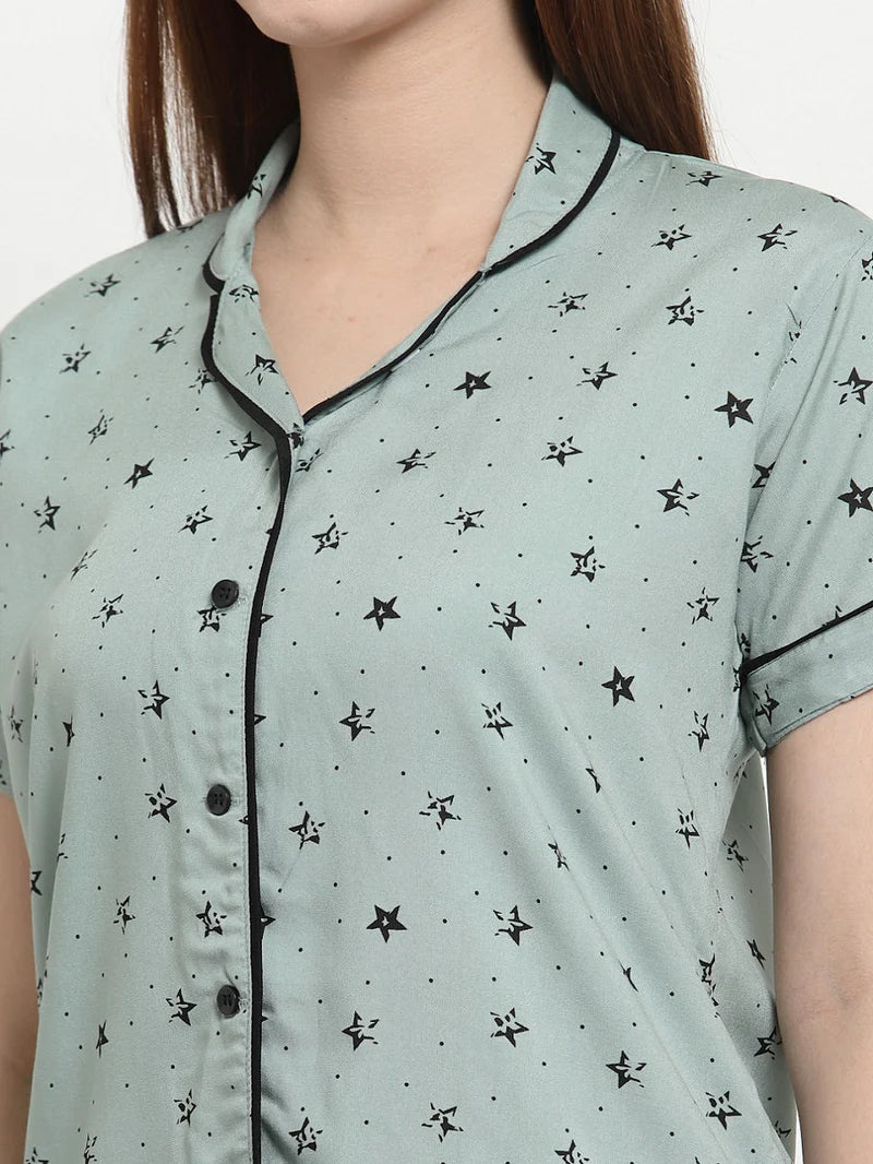 Women's Cotton Regular Fit Printed Night Suit Set of Shirt & Pyjama