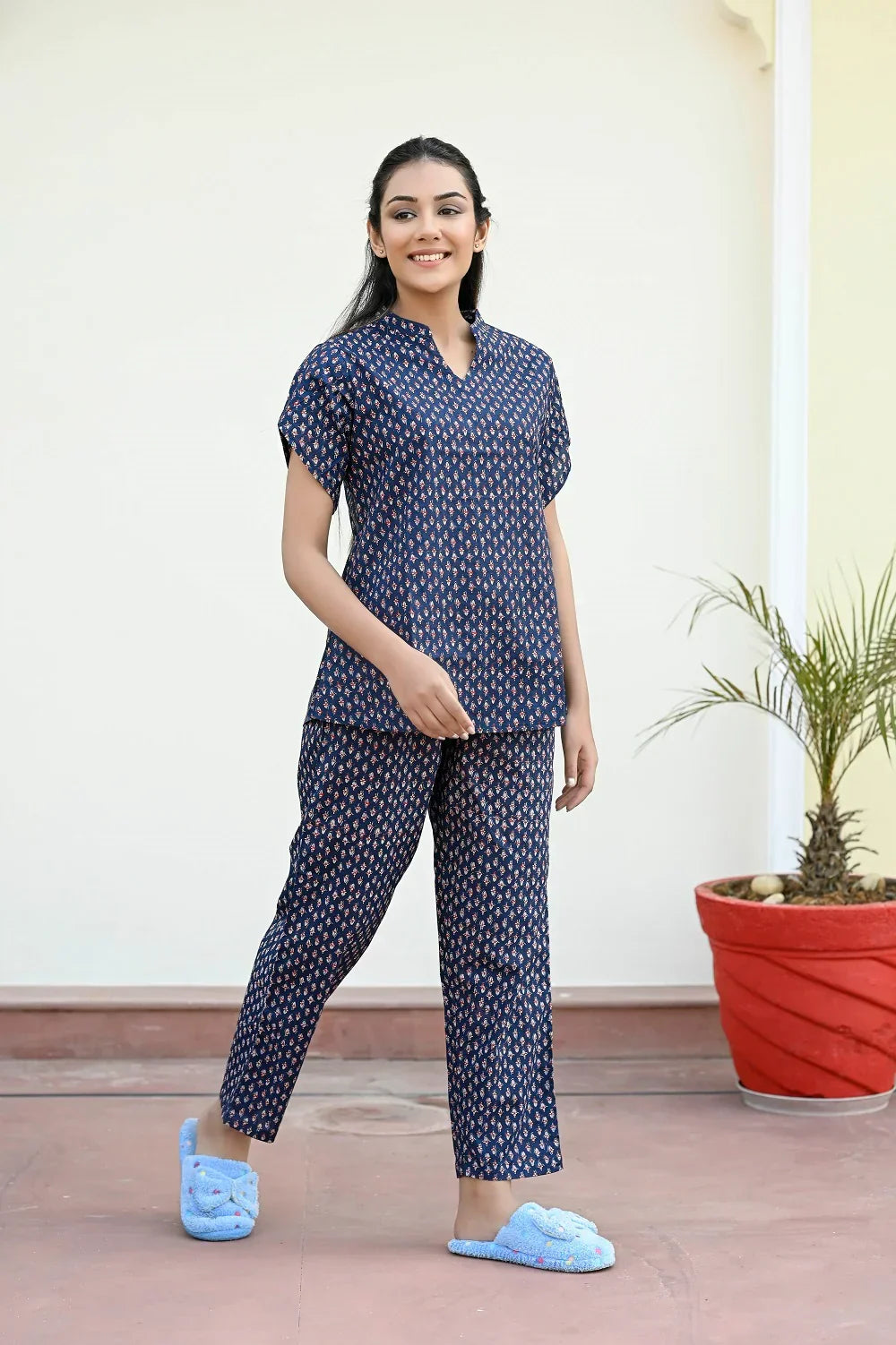Navy Blue Cotton Printed Night Suit Set With Payjama