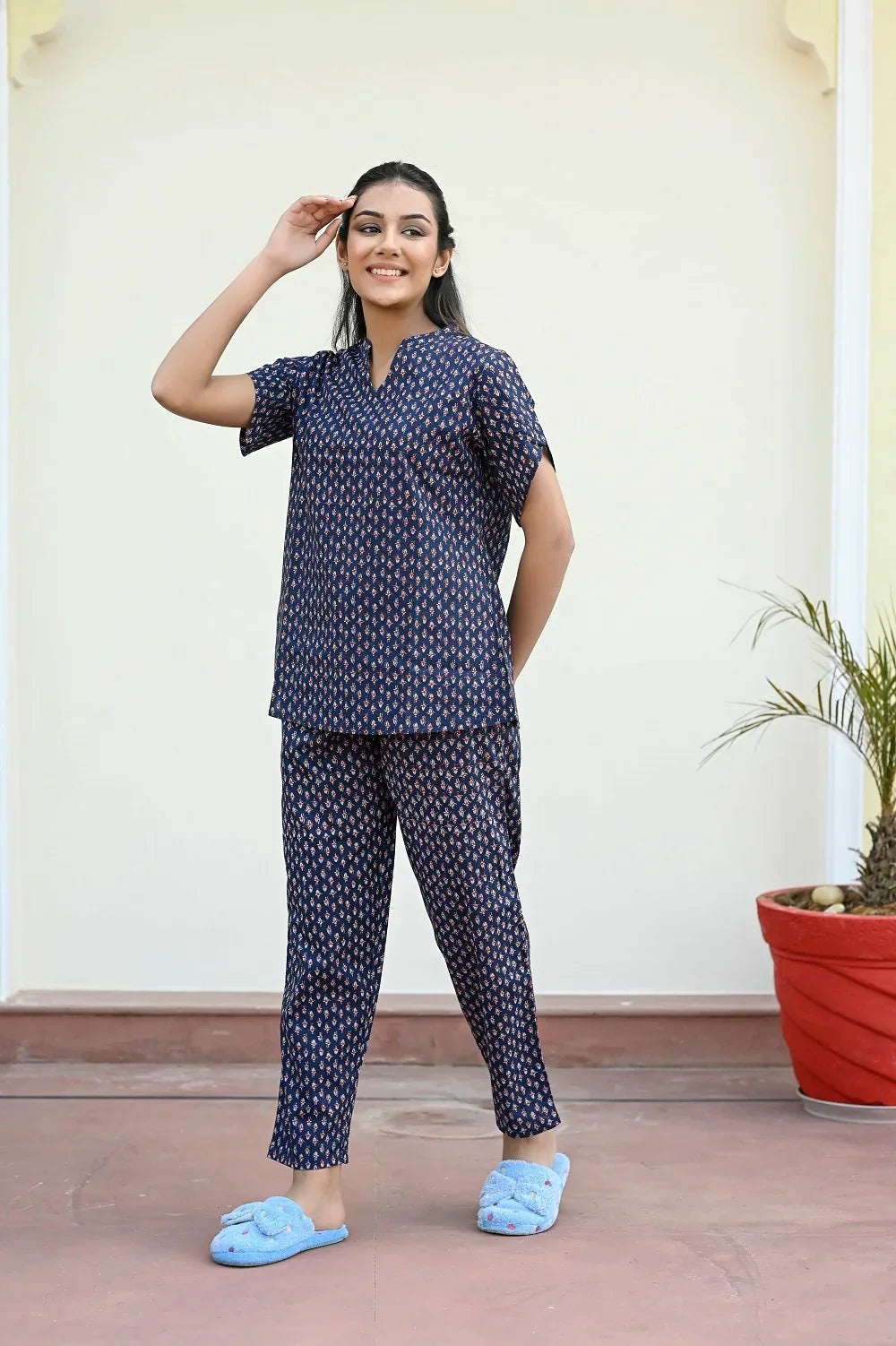 Navy Blue Cotton Printed Night Suit Set With Payjama