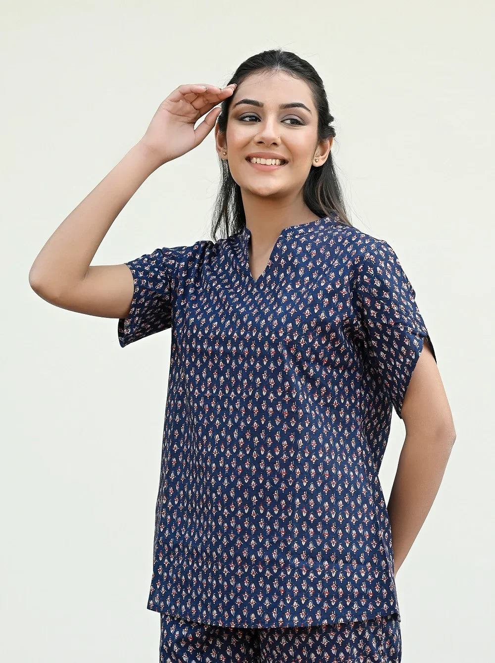 Navy Blue Cotton Printed Night Suit Set With Payjama
