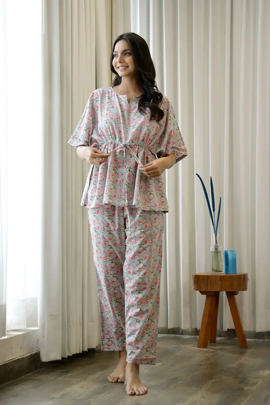Women  Floral Printed Cotton Kaftan With Pyjama