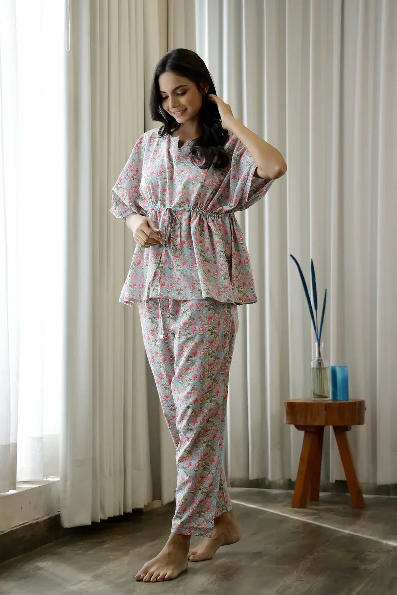 Women  Floral Printed Cotton Kaftan With Pyjama