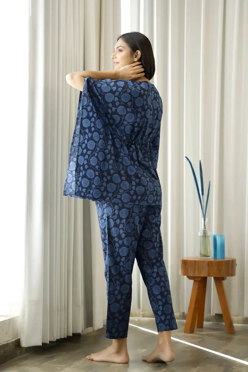 Women Navy Blue Floral Printed Cotton Kaftan With Pyjama