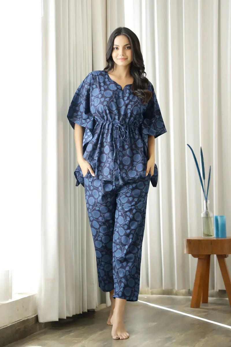 Women Navy Blue Floral Printed Cotton Kaftan With Pyjama