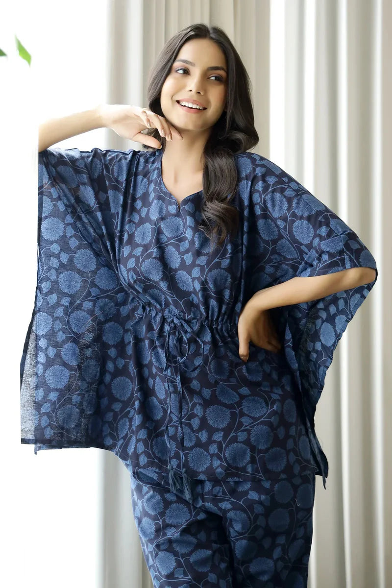 Women Navy Blue Floral Printed Cotton Kaftan With Pyjama