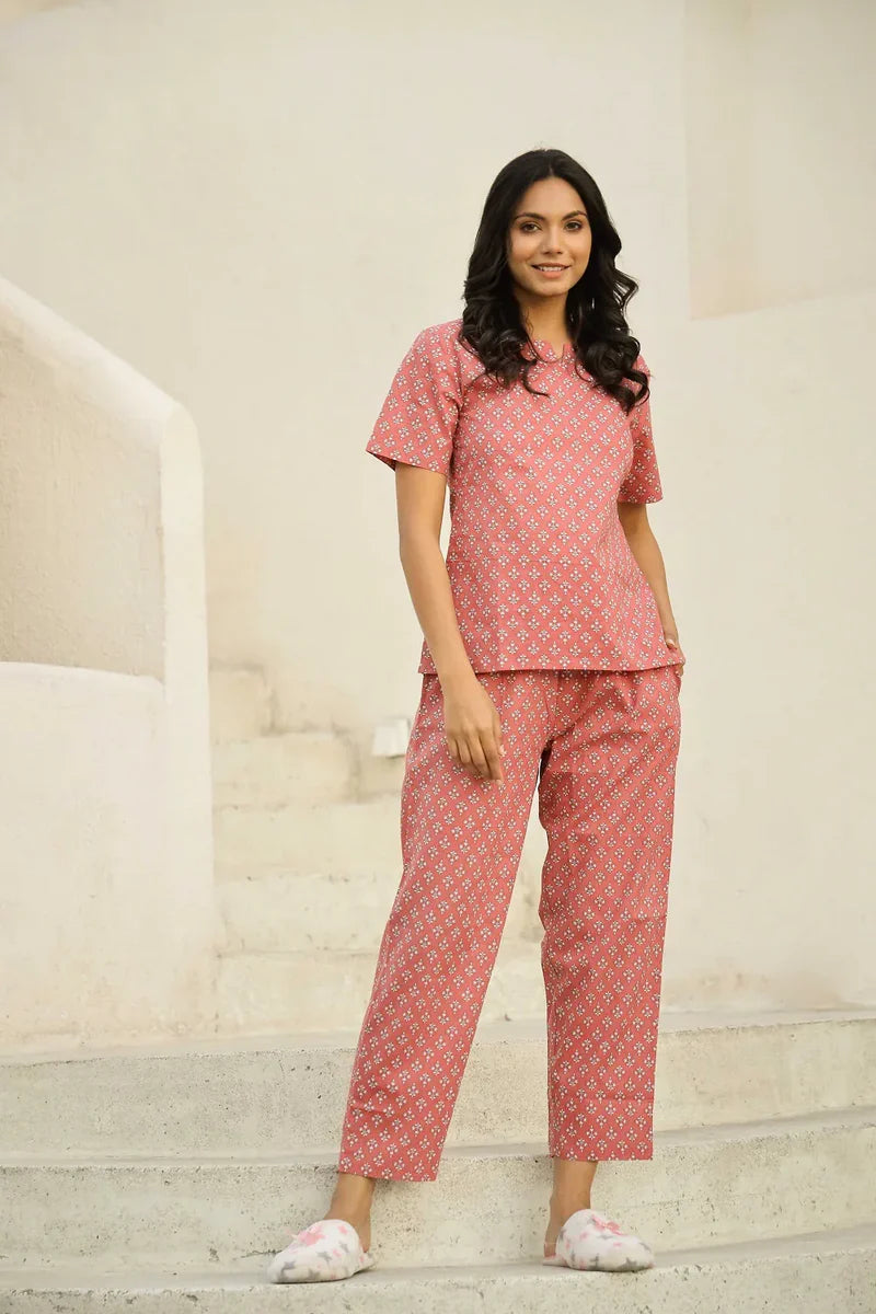 Peach Pink Printed Pure Cotton Night Suit Set