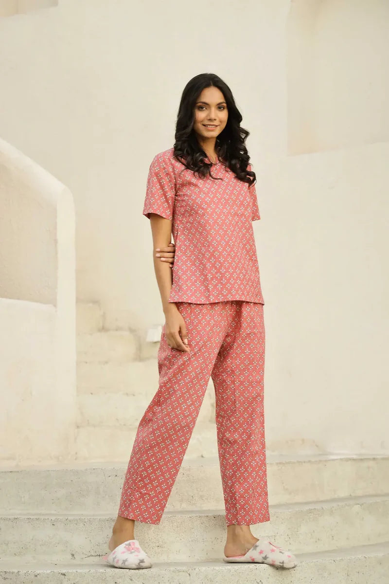 Peach Pink Printed Pure Cotton Night Suit Set