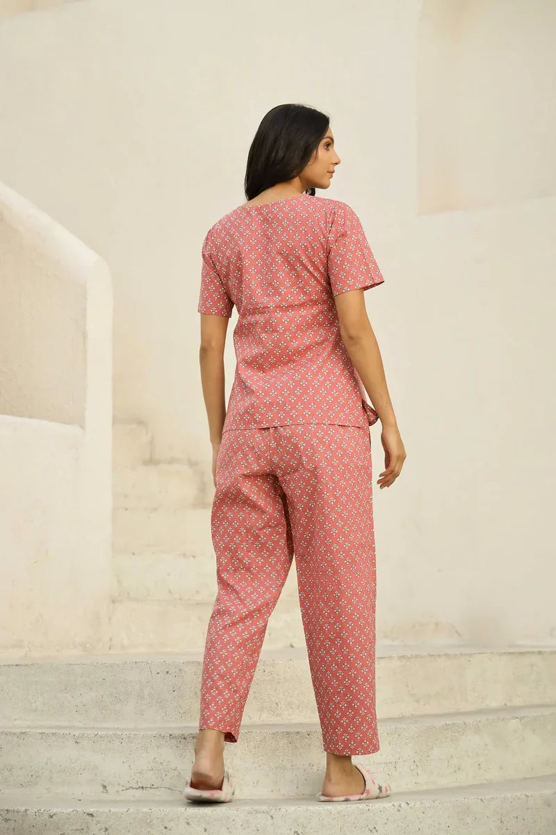 Peach Pink Printed Pure Cotton Night Suit Set