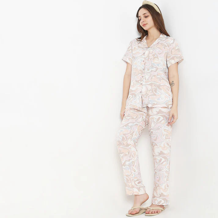 Woven Printed Top With Pyjama Sleepwear Set