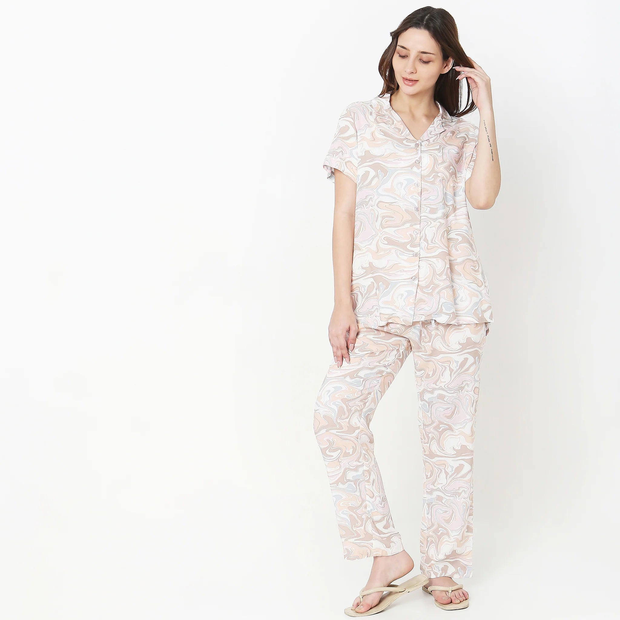 Woven Printed Top With Pyjama Sleepwear Set