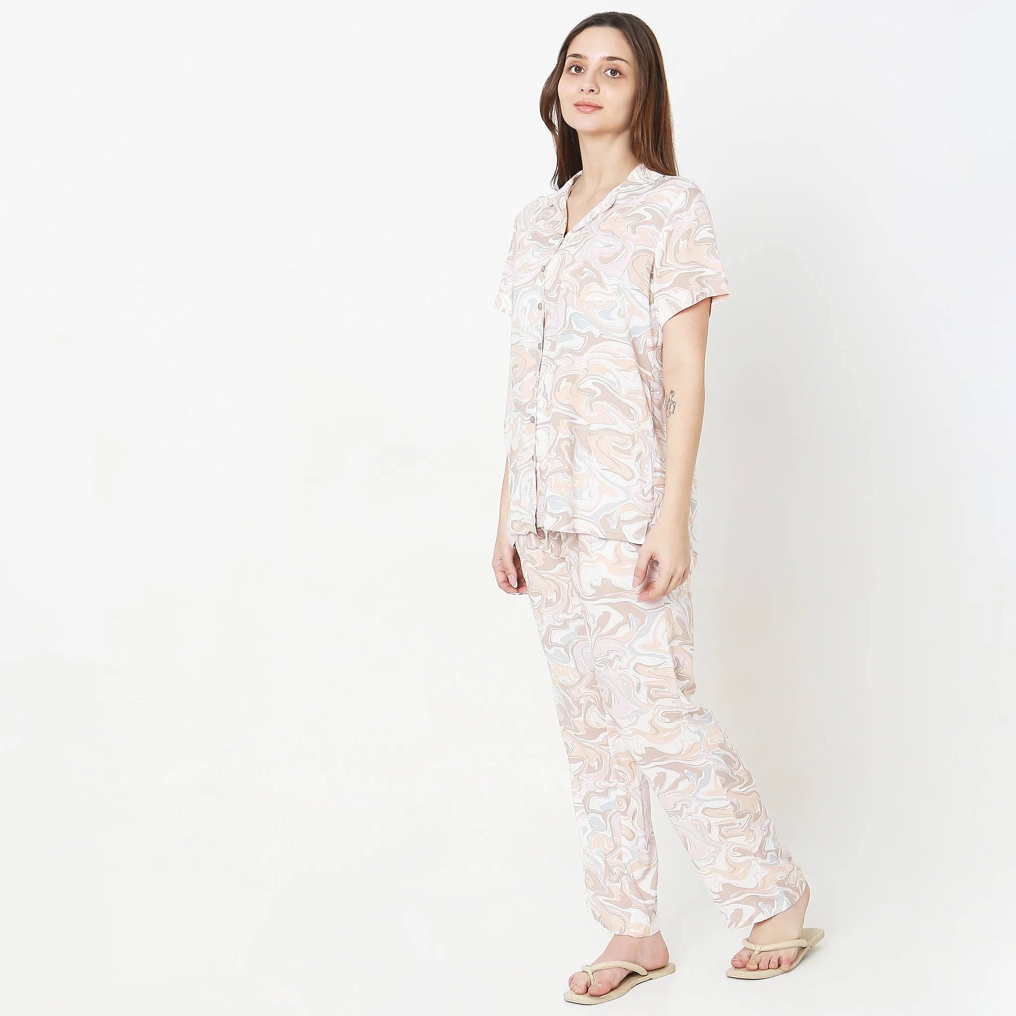 Woven Printed Top With Pyjama Sleepwear Set
