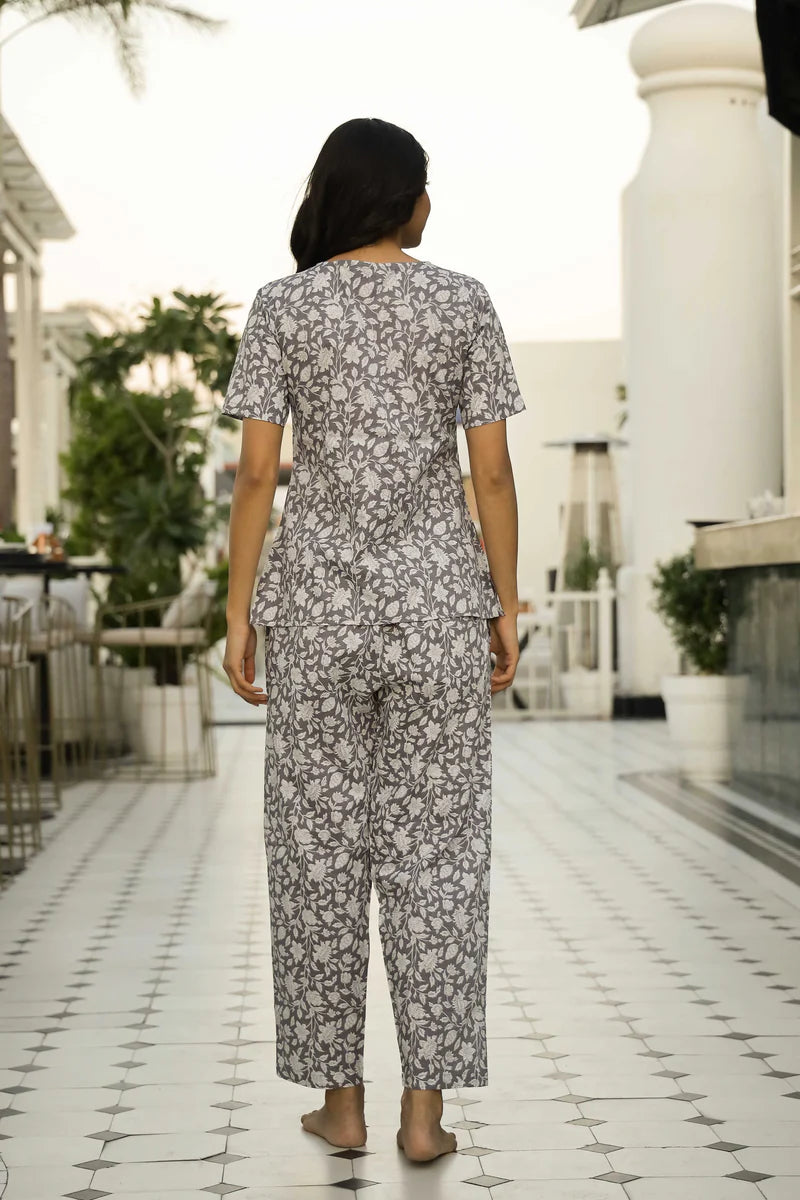 Grey Printed Pure Cotton Night Suit Set