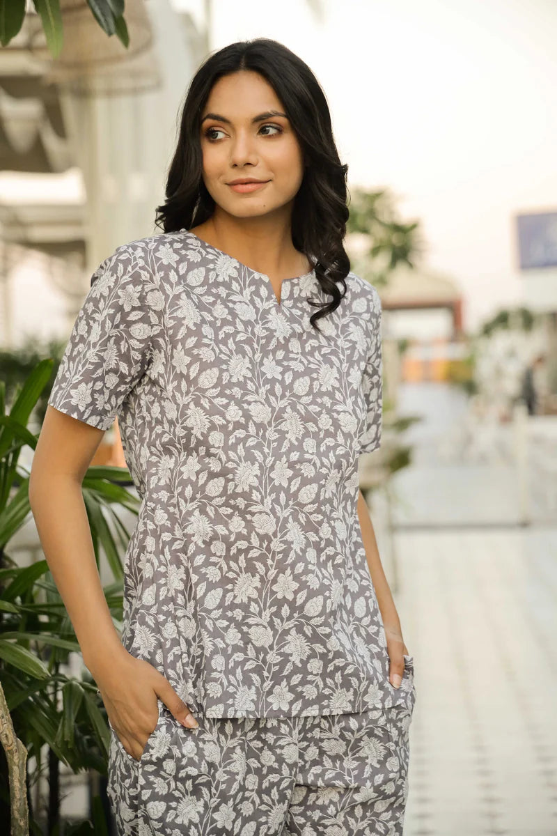 Grey Printed Pure Cotton Night Suit Set