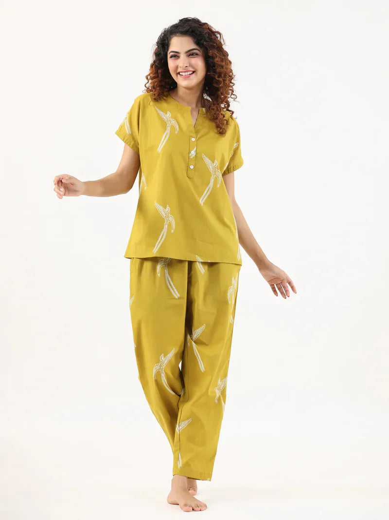 Mustard And White Conversational Eagle Printed Night Suit Set With Pyjama
