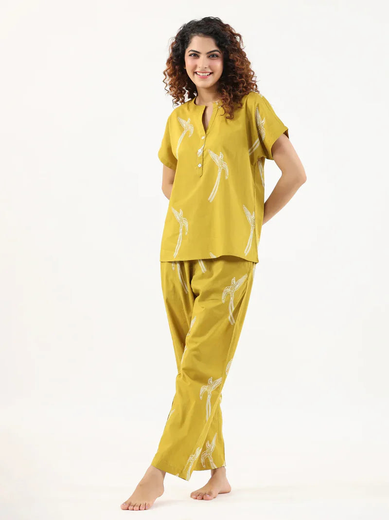 Mustard And White Conversational Eagle Printed Night Suit Set With Pyjama