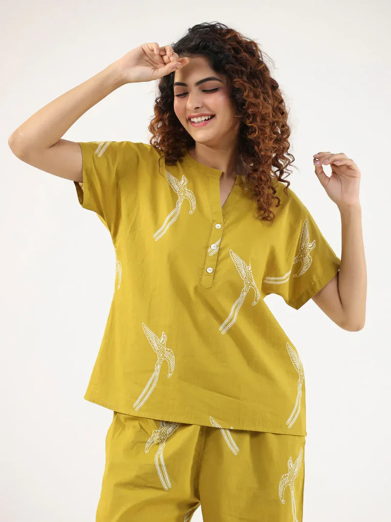 Mustard And White Conversational Eagle Printed Night Suit Set With Pyjama