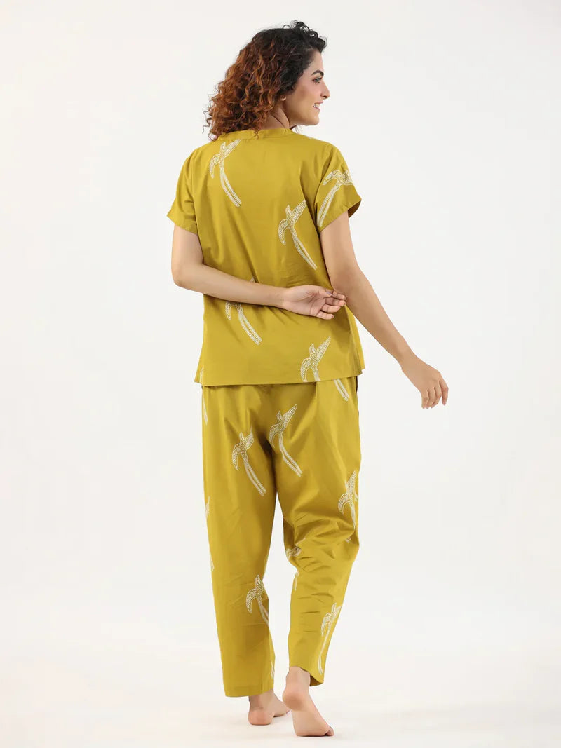 Mustard And White Conversational Eagle Printed Night Suit Set With Pyjama