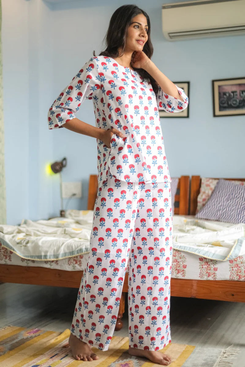 Sootisyahi 'Marigold Mirage' Handblock Printed Pure Cotton Night Suit