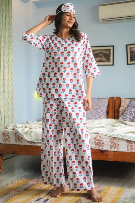 Sootisyahi 'Marigold Mirage' Handblock Printed Pure Cotton Night Suit