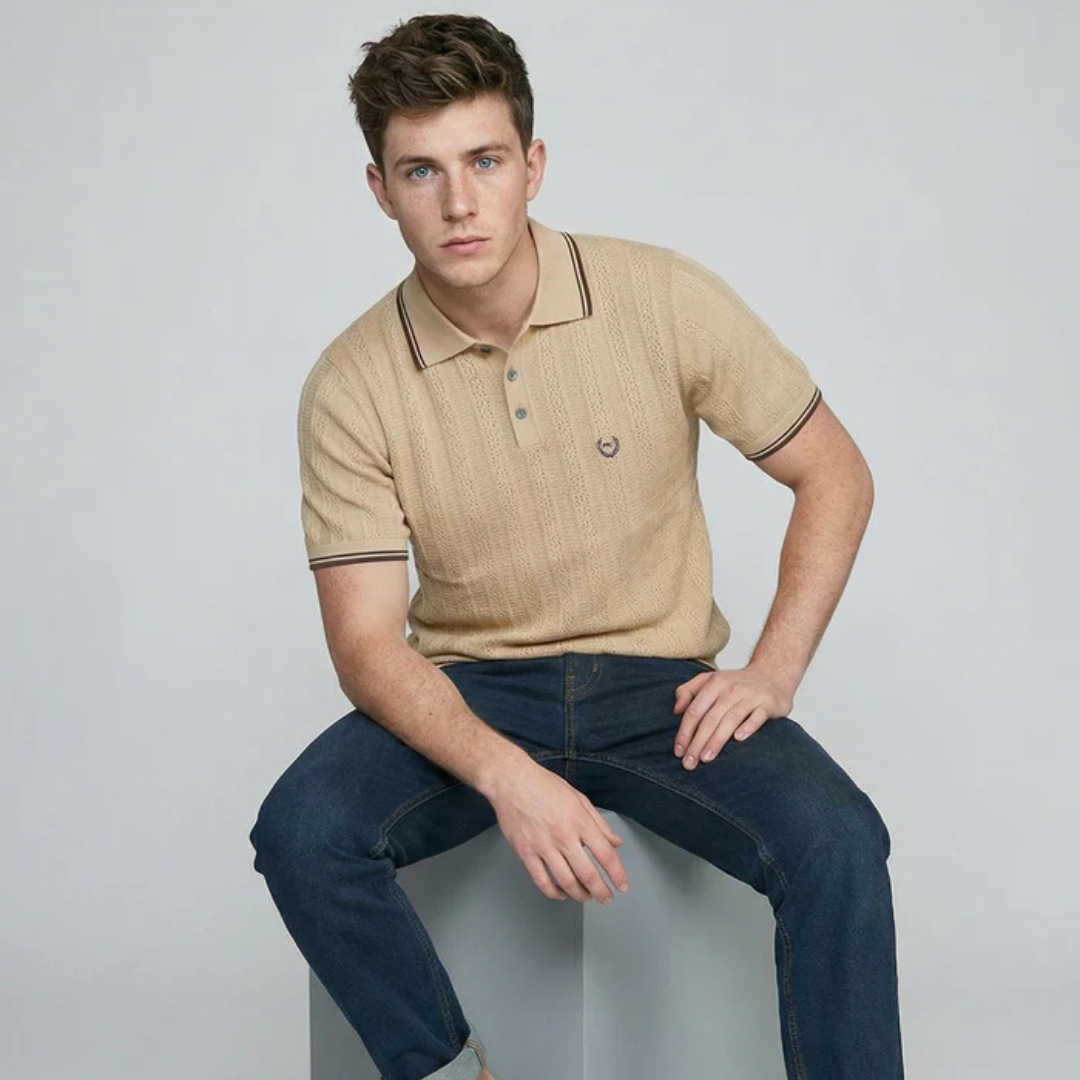 Men Camel Brown Self Design Collar Half Sleeve T-Shirt