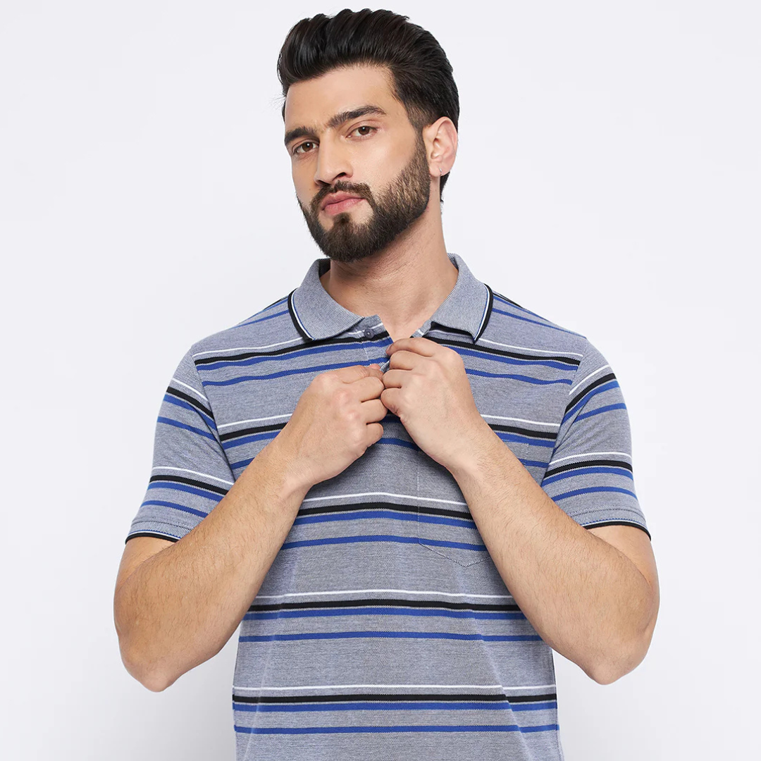 Neva Men Polo Neck Half Sleeves T-shirt Striped Pattern Chest Pocket