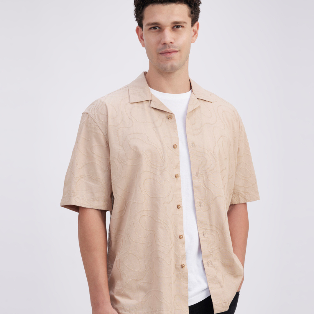 Men Beige Resort Collar Short Sleeve Shirt