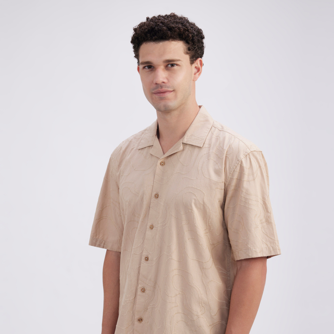 Men Beige Resort Collar Short Sleeve Shirt