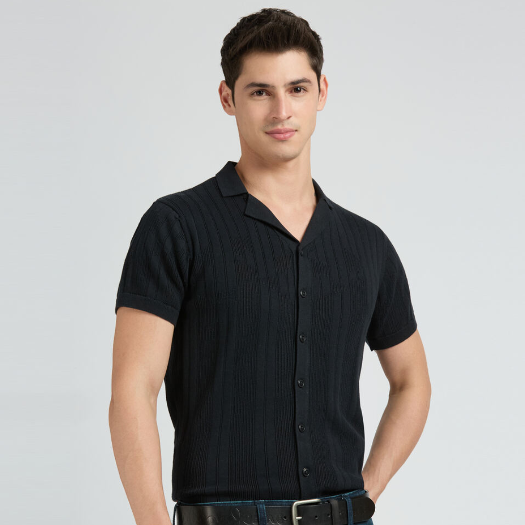Black Resort Collar Short Sleeve Flat Knit Shirt