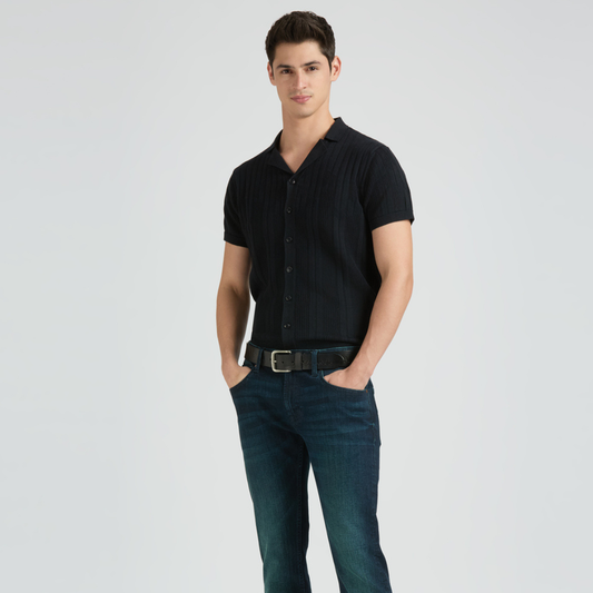 Black Resort Collar Short Sleeve Flat Knit Shirt