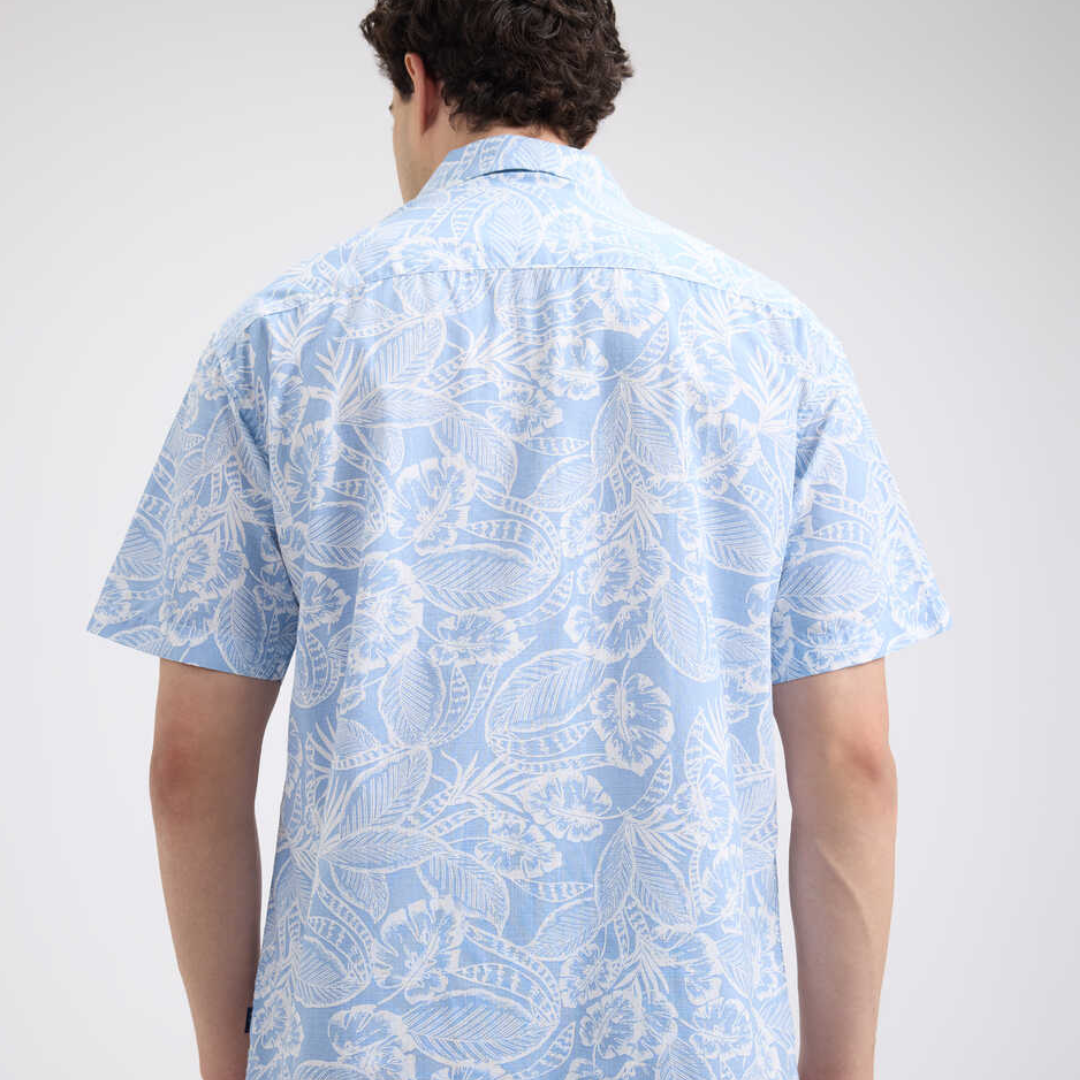 Men Blue Resort Collar Floral Print Short Sleeve Shirt