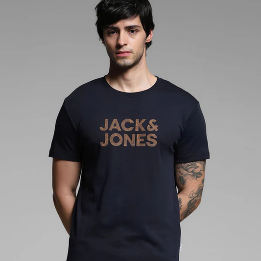 NAVY BLUE JACK & JONES LOGO PRINT COTTON T-SHIRT
