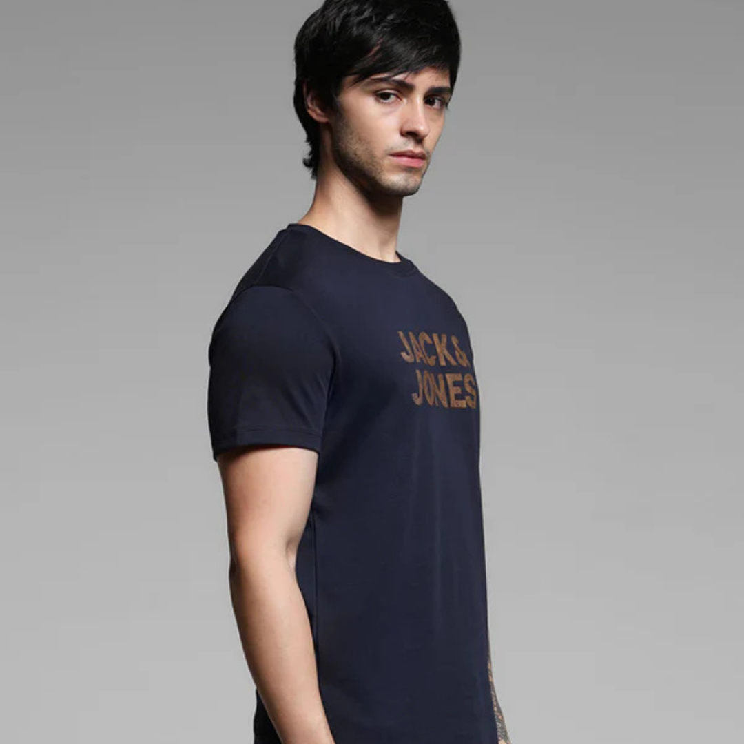 NAVY BLUE JACK & JONES LOGO PRINT COTTON T-SHIRT