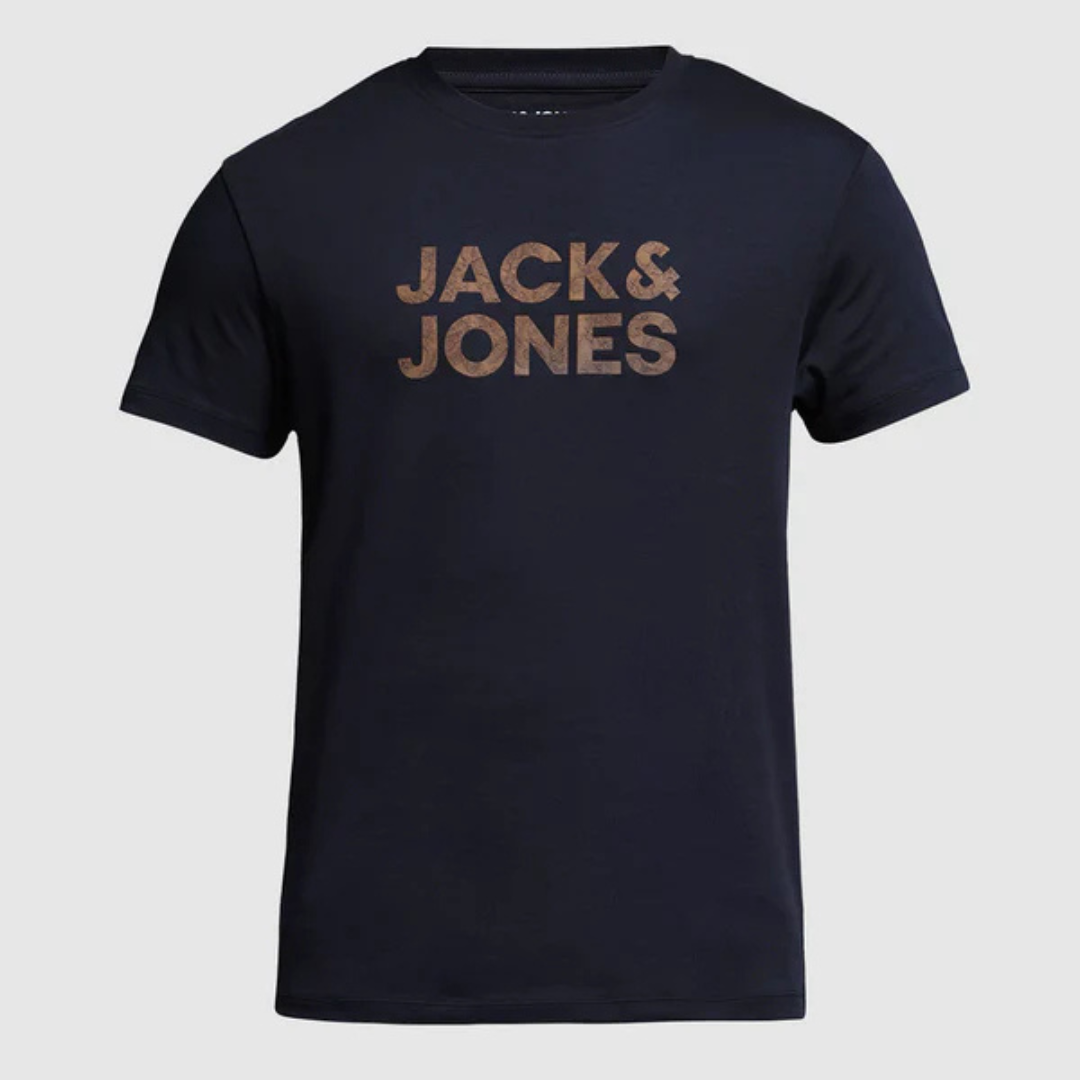 NAVY BLUE JACK & JONES LOGO PRINT COTTON T-SHIRT