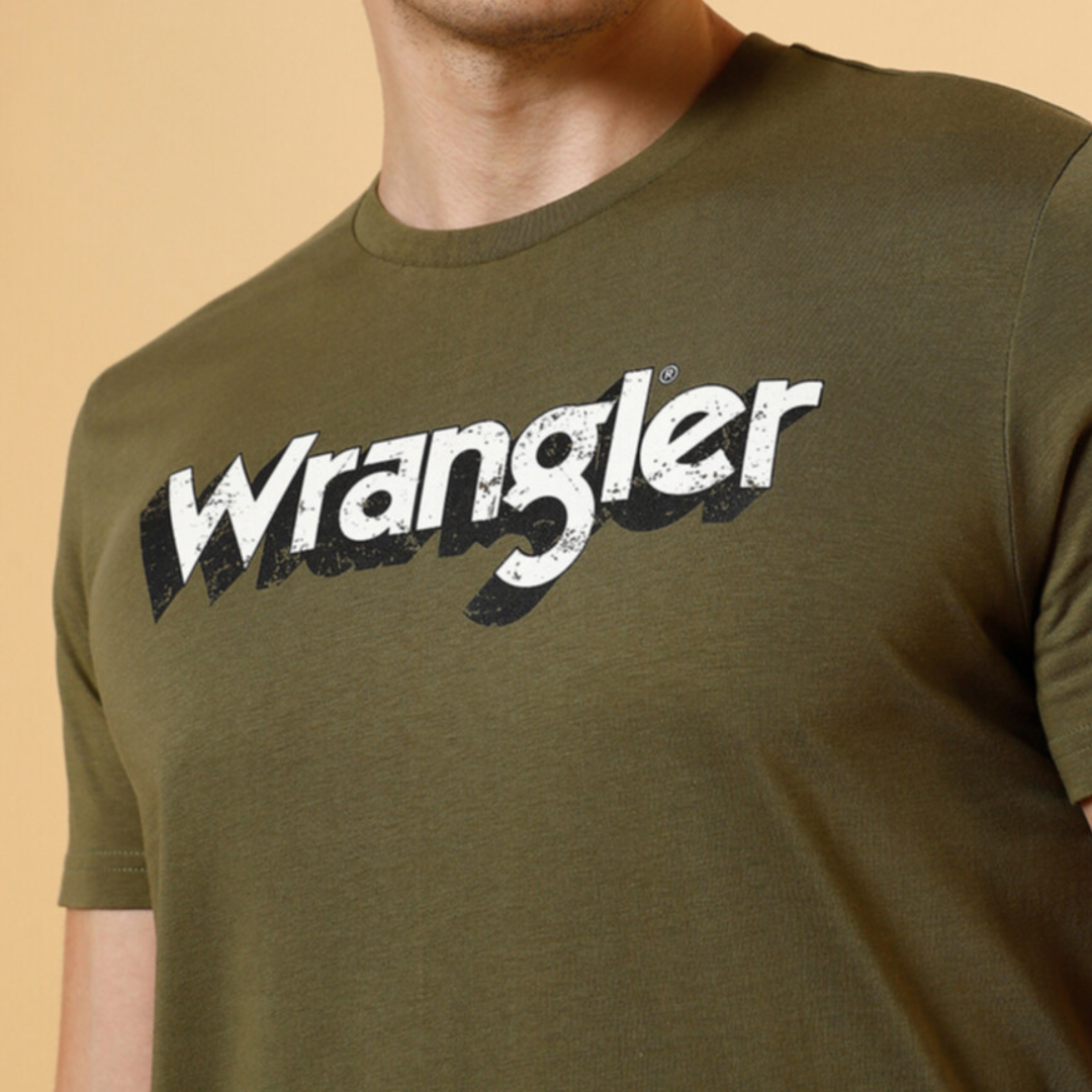 Men Wrangler Logo Green Crew Neck Regular Fit Tshirt