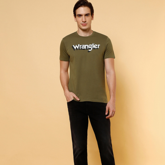 Men Wrangler Logo Green Crew Neck Regular Fit Tshirt