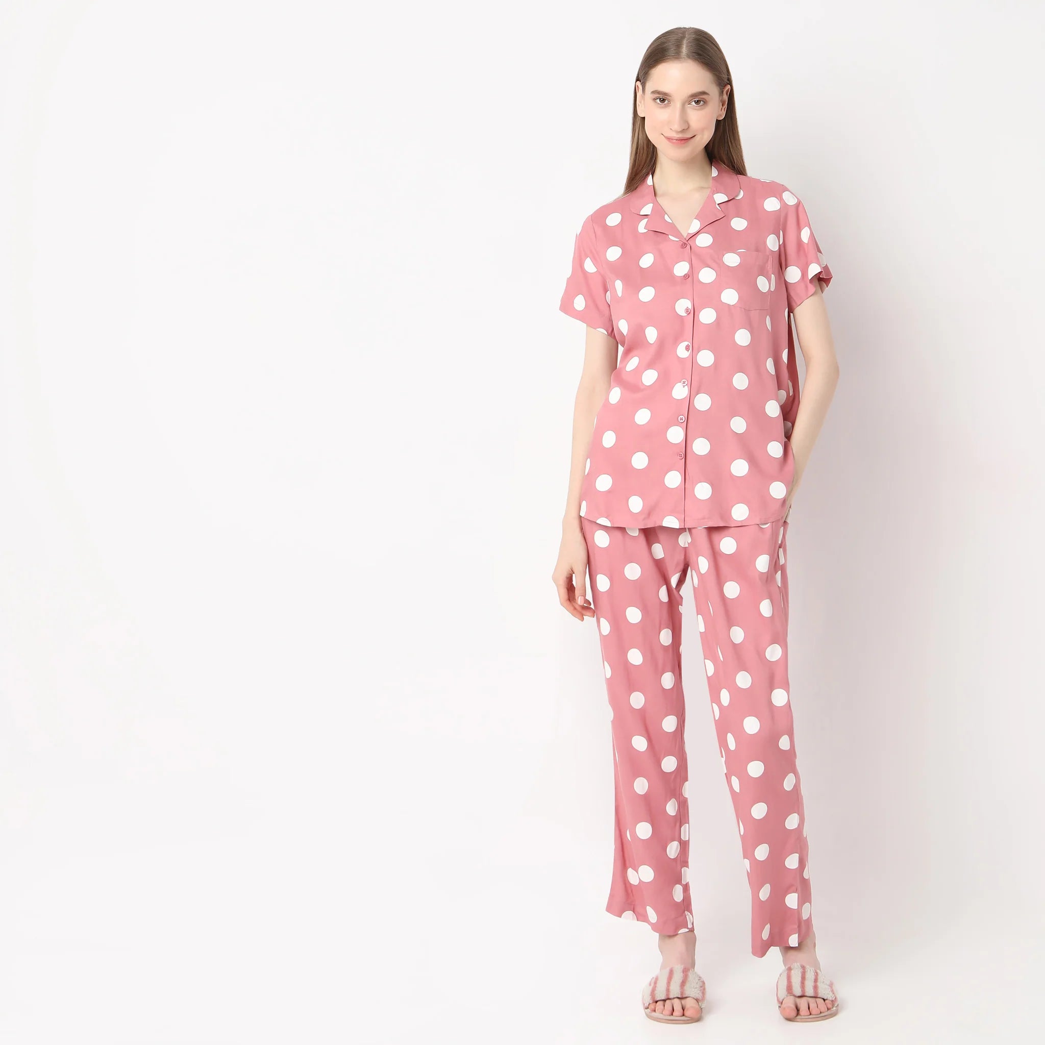 Woven Polka Dot Lapel Collar Shirt With Pyjama Sleepwear Set